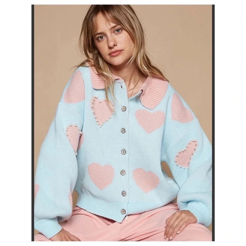 POL Heart pattern with faux pearl cardigan sweater - Picture 4 of 7